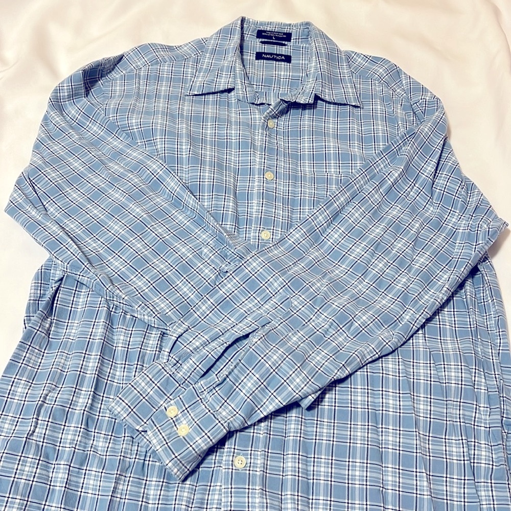 Nautica Blue and White Plaid Shirt